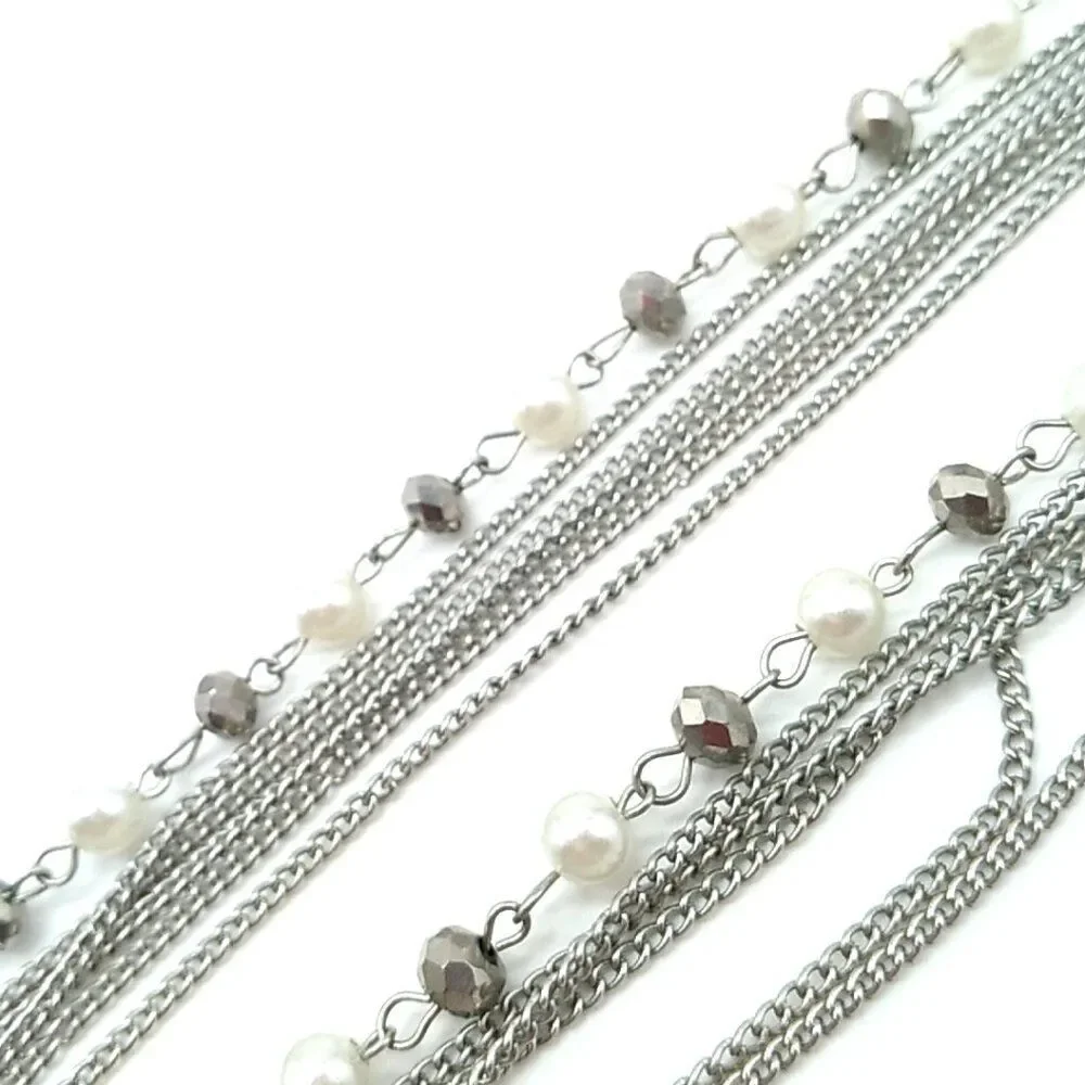 Faux Pearl Crystal Necklace Beaded Multi-Strand Layered Tassel Silver-tone Chain